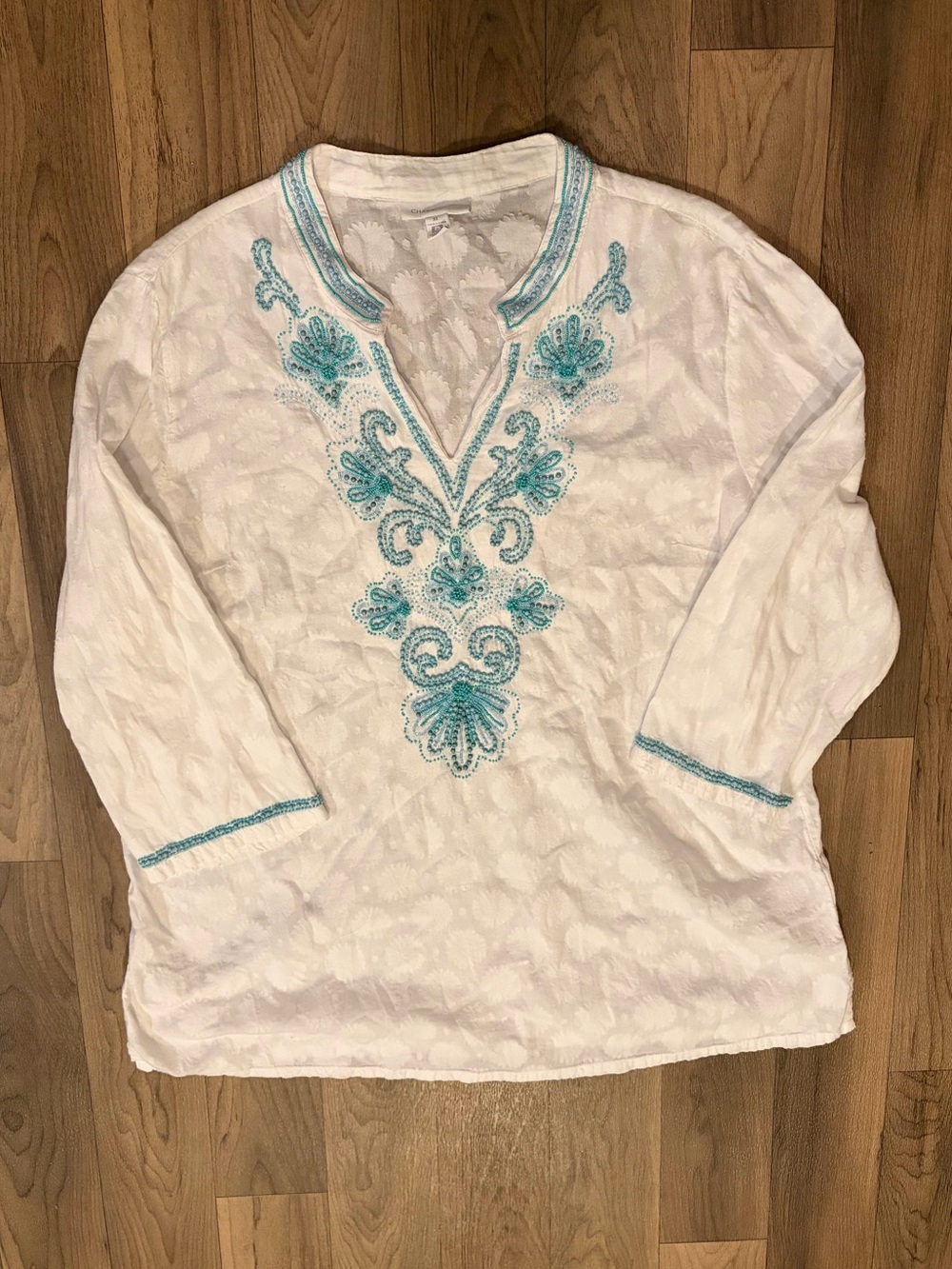 Charter Club XL White Tunic Top Turquoise Beaded Embroidered Boho 3/4 Sleeve